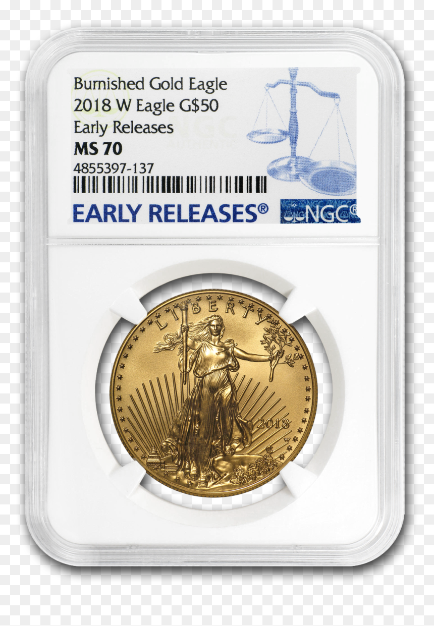 Buy 2018 W 1 Oz Burnished Gold Eagle Ms 70 Ngc Coin, HD Png Download - gold coins png