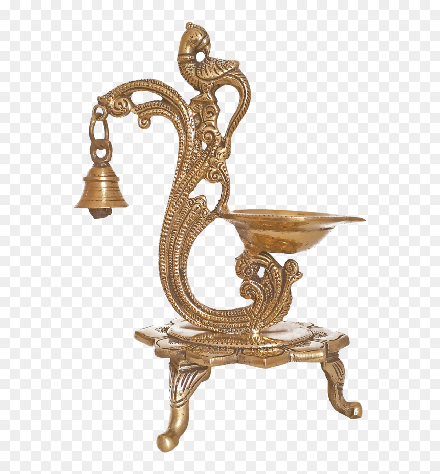Antique Brass Peacock Diya Single Faced Jyot With Bell - Brass, HD Png Download - single peacock feathers png