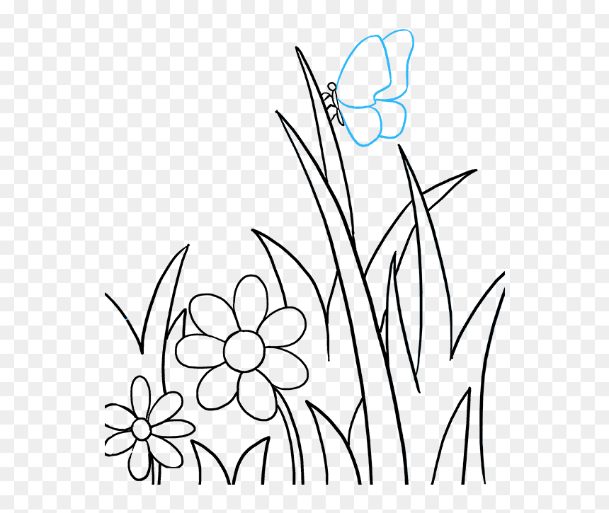 Transparent Grass Drawing Png - Butterfly In Garden Drawing, Png Download - garden grass png