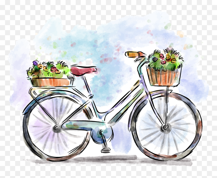 Transparent Tire Tracks Vector Png - Watercolor Bicycle With Flowers, Png Download - tire tracks png