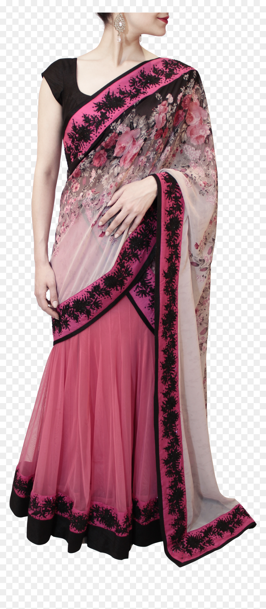 Black And Pink Lehenga Saree - Lehenga-style Saree, HD Png Download - lehenga png