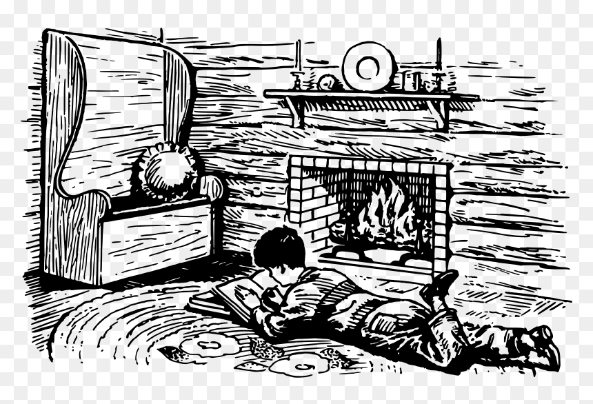 Boy Reading Clip Arts - Black And White Fireplace Drawing, HD Png Download - reading png