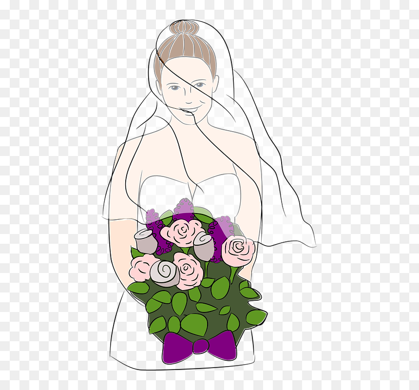 Bride Dress Wedding Flowers Fancy Veil Woman - Bride With Bouquet Png, Transparent Png - bride png
