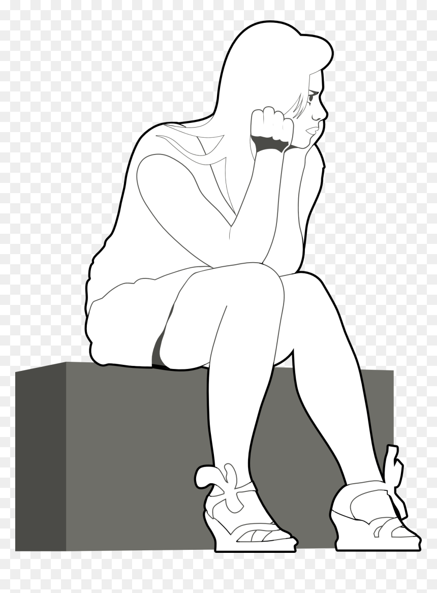 Girl Sitting And Thinking Drawing, HD Png Download - girl sitting png