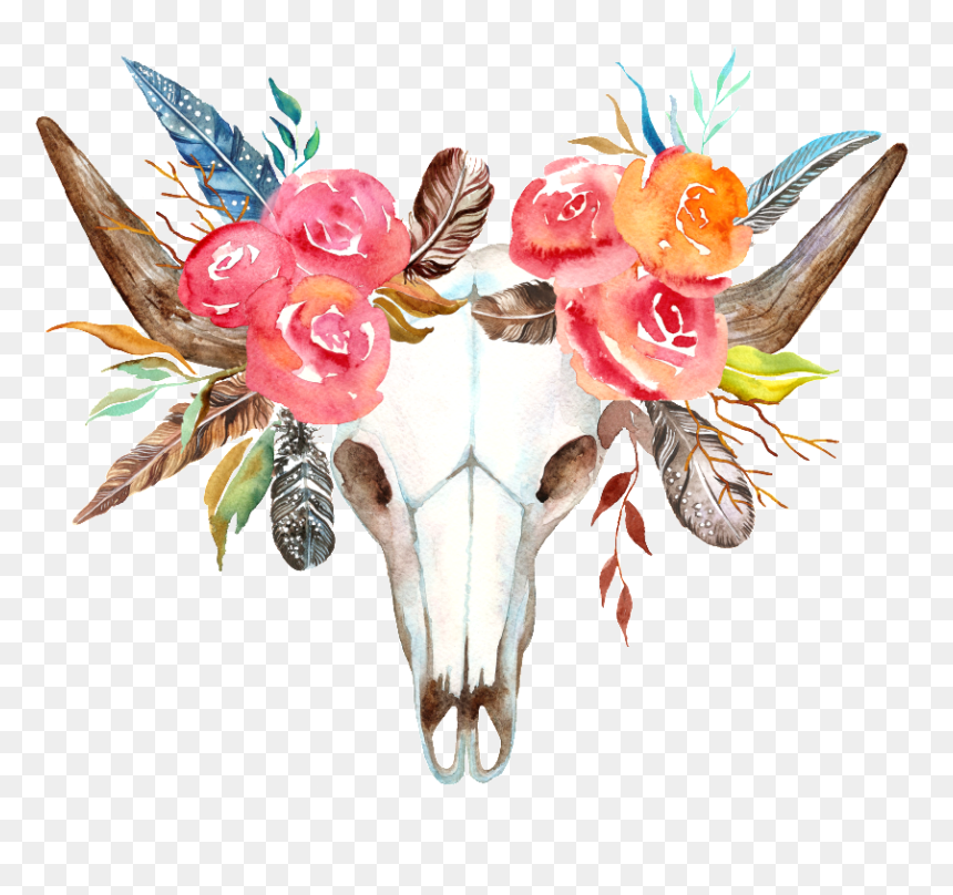 Red Flower Cow Head Transparent Decorative - Transparent Cow Skull Png, Png Download - cow head png