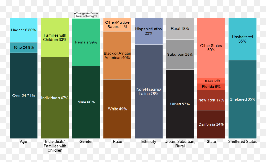100% Stacked Bar Chart Of Homeless By Age, Gender, - Many Homeless In America 2019, HD Png Download - homeless png