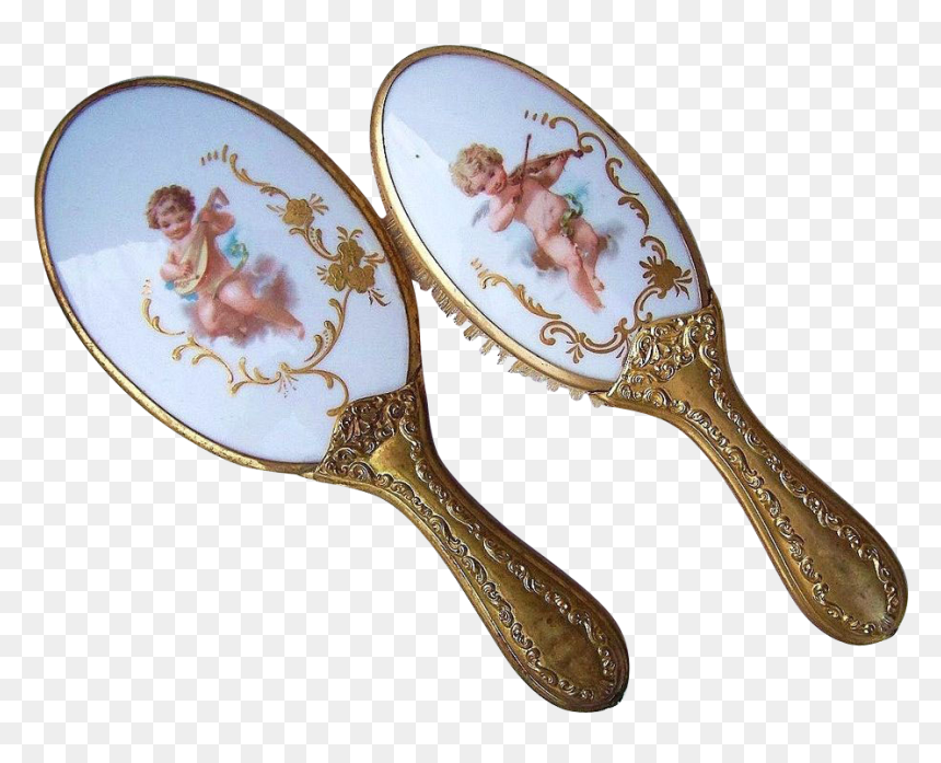 Gorgeous Limoges 1900"s Matched Pair "cherubs - Antique, HD Png Download - hand mirror png
