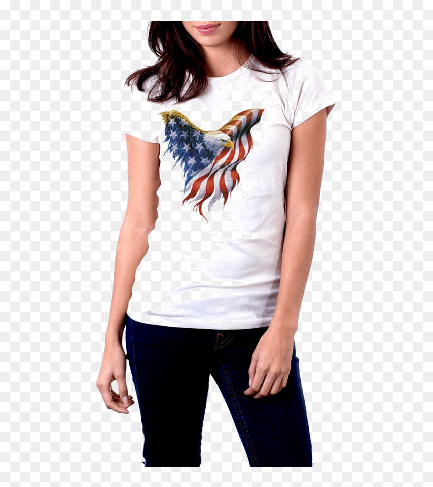 White T-shirt Front View American Flag Eagle - Woman Wearing T Shirt, HD Png Download - american flag eagle png