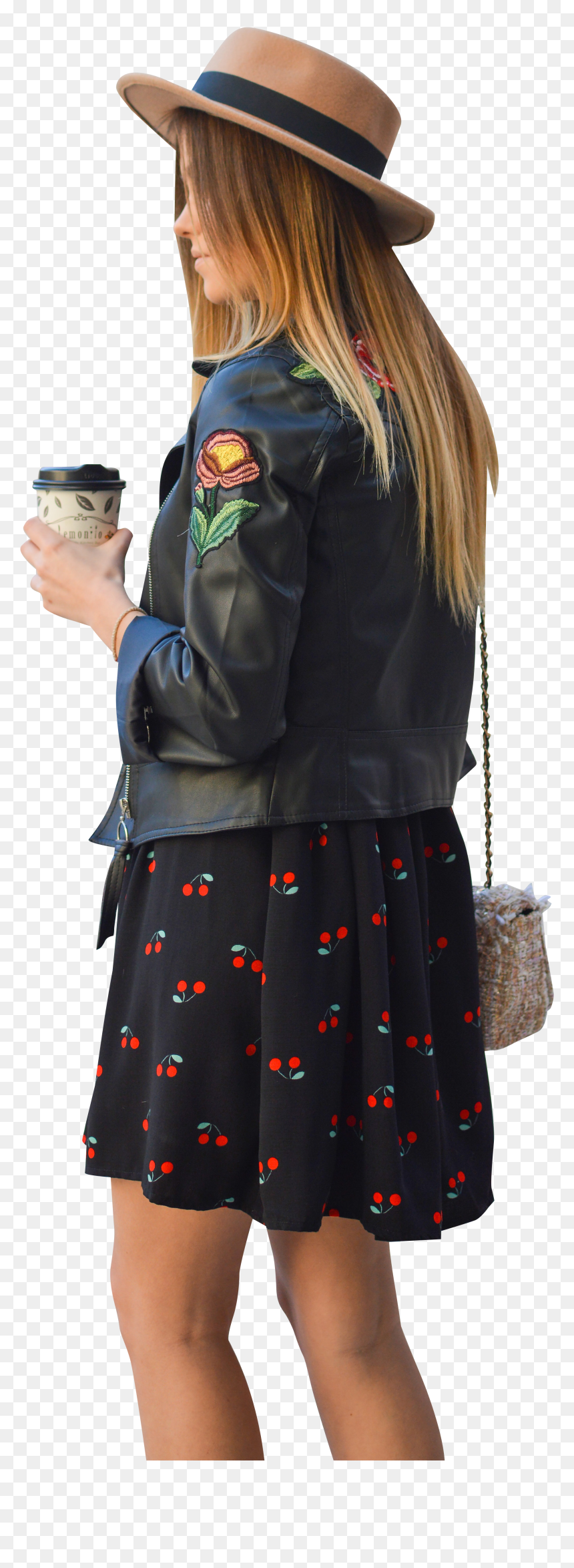 Woman Wearing Floral Black Jacket And Cherry Skirt - Floral Dress With Leather Jacket, HD Png Download - black woman png
