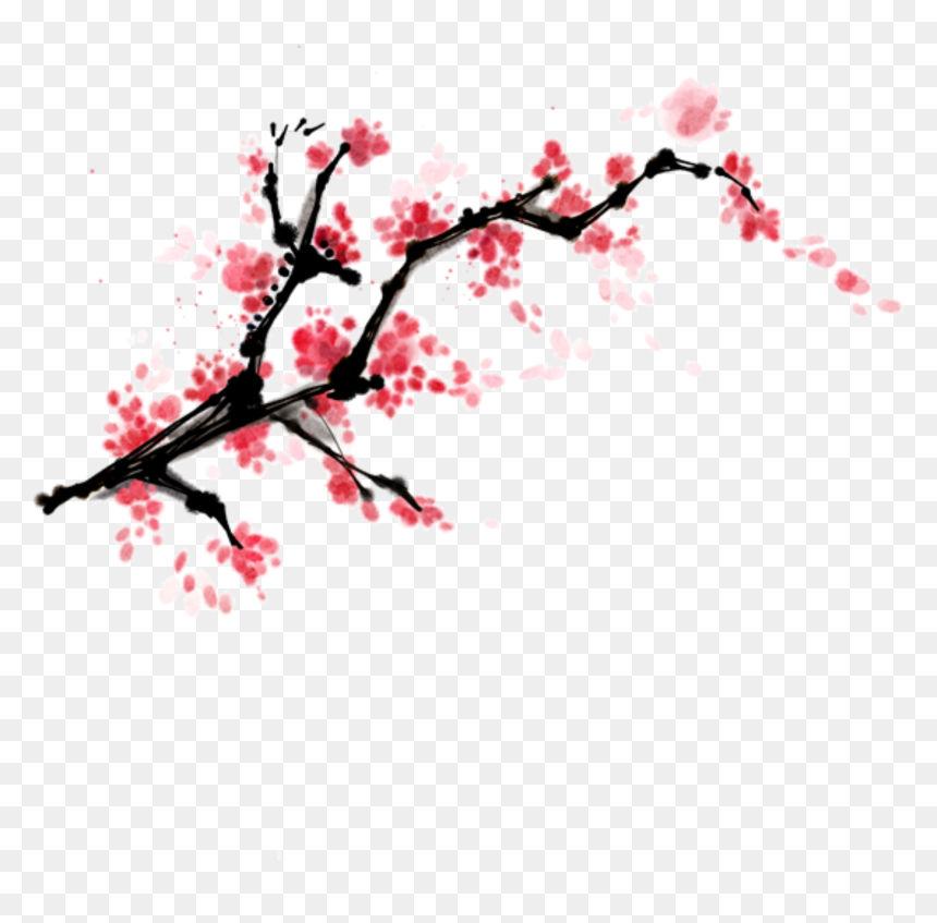 This Graphics Is Painted Ink Peach Blossom Branch Element - Cherry Blossom Branch Painting, HD Png Download - cherry blossom branch png