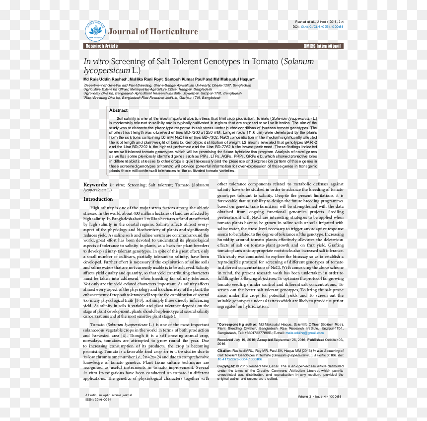 In Vitro Screening Of Salt Tolerent Genotypes In Tomato - Research Article On Genetics, HD Png Download - mata rani png