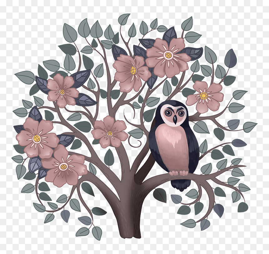 Owl On A Flowering Tree Clipart - Illustration, HD Png Download - flower tree png images