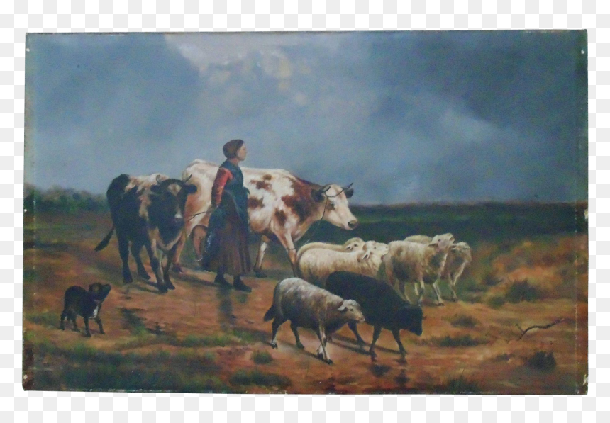 Old Cattle Ranch Oil Painting - Farm Sheep Dog Painting, HD Png Download - cows png