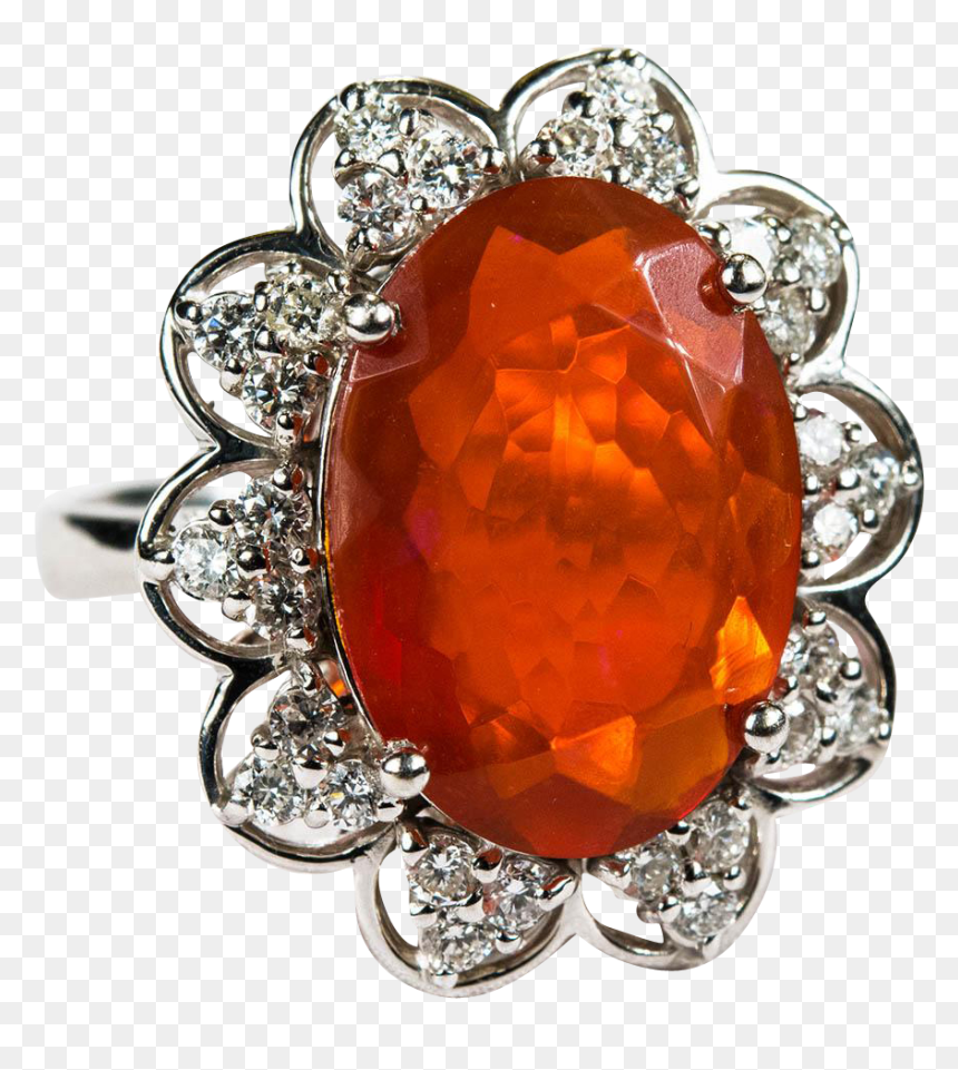 Natural Fire Opal Diamond Ring 14k Gold Orange Opal - Crystal, HD Png Download - fire ring png