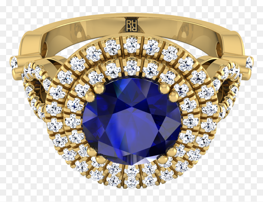 Sapphire Round Center With Diamond Double Halo Engagement - Diamond, HD Png Download - diamond ring clipart png
