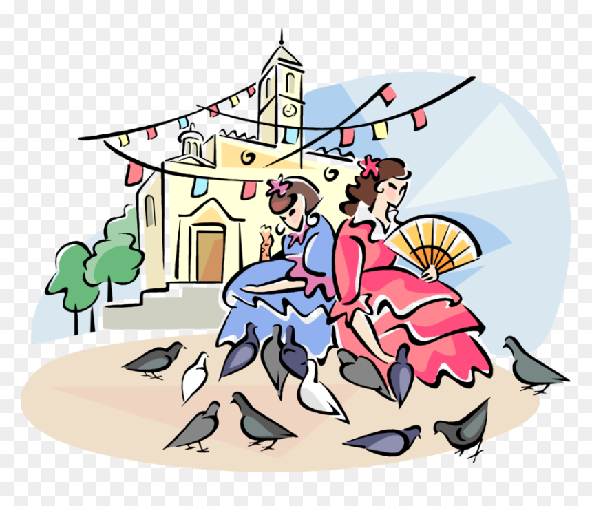 Vector Illustration Of Spanish Girls Feeding The Pigeon - Cartoon, HD Png Download - pigeon vector png