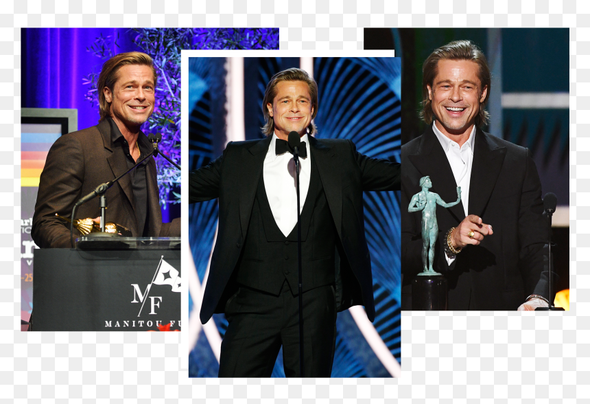 Image May Contain Brad Pitt Human Person Coat Suit - Golden Globe 2020 Pitt Dicaprio, HD Png Download - brad pitt png