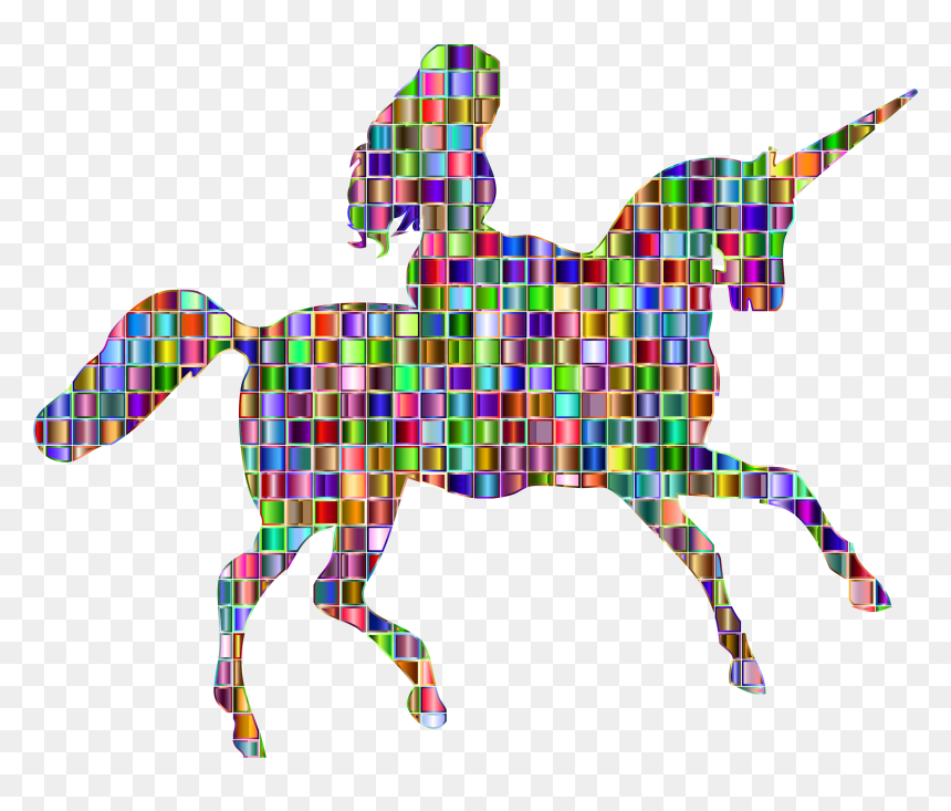 Chromatic Mosaic Woman Riding Unicorn Clip Arts - People Riding Unicorns Transparent, HD Png Download - rainbow unicorn png