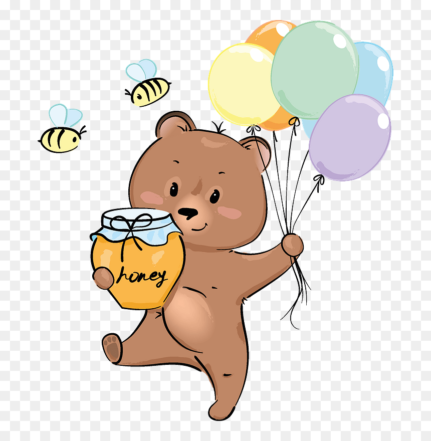 Cute Bear With Honey And Balloons Clipart - Cartoon, HD Png Download - balloons clipart png