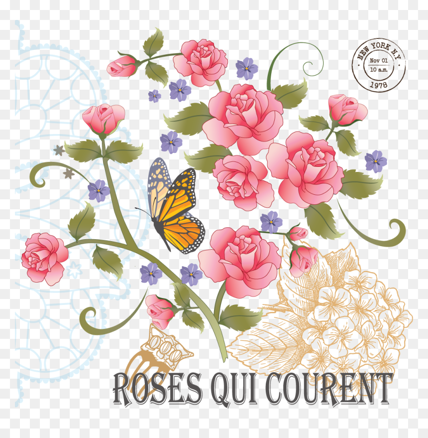 Vintage Roses And Butterflies Is A Downloadable Machine - Garden Roses, HD Png Download - vintage roses png