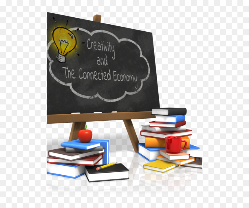 A Blackboard That Reads "creativity And The Connected - School, HD Png Download - pile of books png