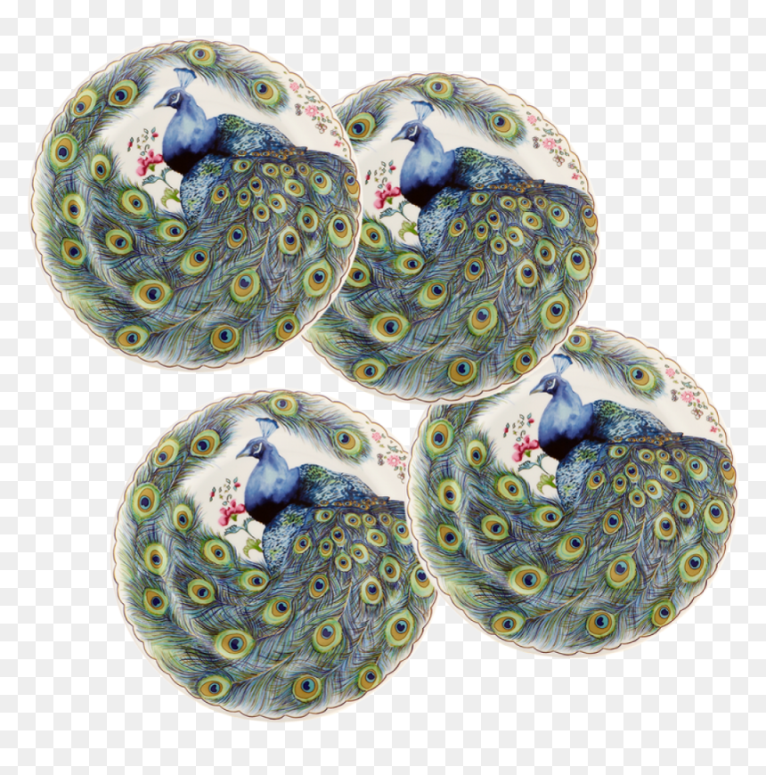 Mottaheded Peacock Feather Dessert Plates / Set - Mottahedeh & Company, HD Png Download - peacock png hd