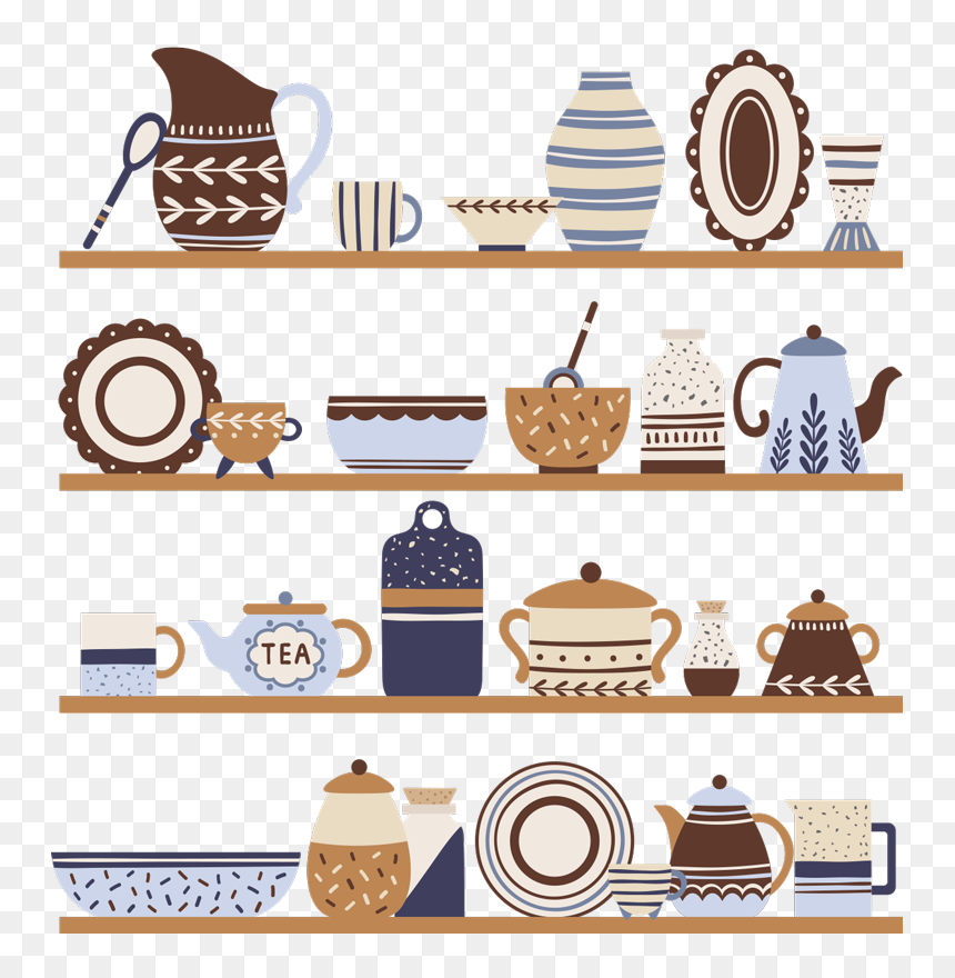 Shelvings With Crockery Cutlery Sticker - Wandtattoo Geschirr, HD Png Download - crockery items png