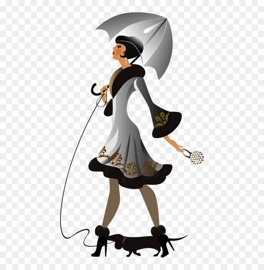Art Deco Illustration - Lady With Dog Cartoon, HD Png Download - fashion girl clipart png