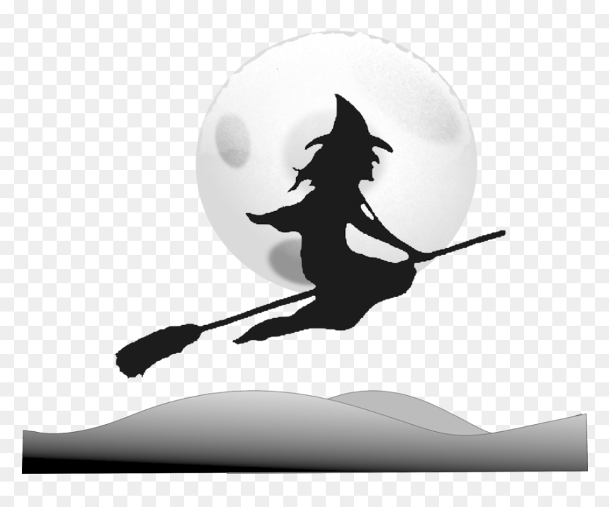 Silhouette,monochrome Photography,fictional Character - Cartoon Witch On Broom, HD Png Download - witch broom png