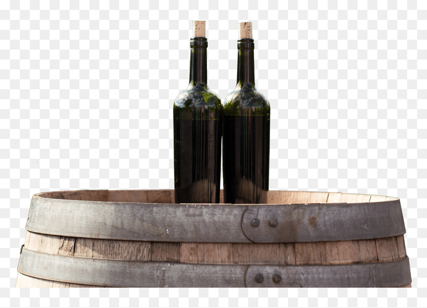 Two Green Wine Bottles Sitting On Barrell At Grapevine - Wine Bottle, HD Png Download - grapevine png