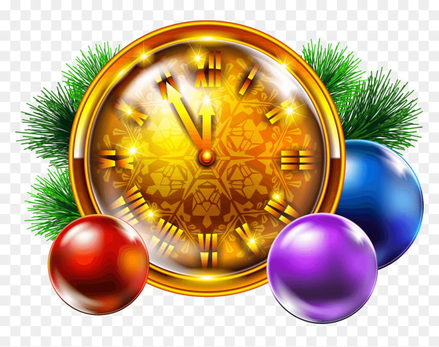 Transparent Golden Christmas Clock With Decoration - Christmas Clock Clip Art, HD Png Download - gold christmas ornament png