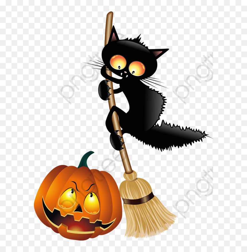 Black Cat Clipart Illustration - Halloween Witch On A Broom, HD Png Download - cartoon pumpkin png