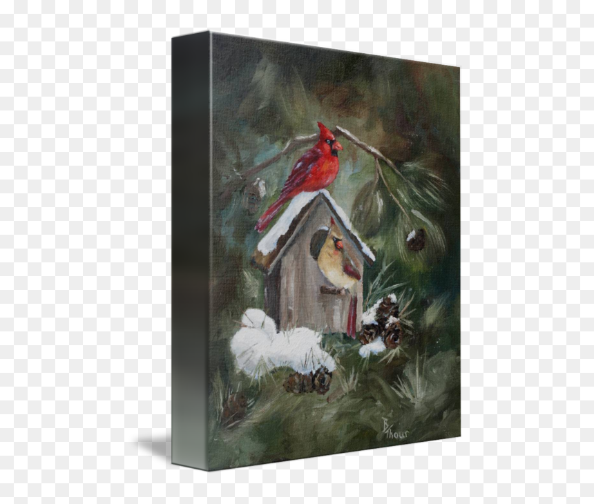 Cardinals On Snow Covered Birdhouse By Brenda Thour - Christmas Card, HD Png Download - cardinals png