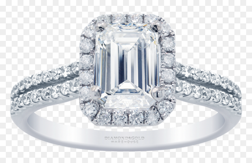 Emerald Diamond Halo Engagement Ring - 3 Stone Baguette Cut, HD Png Download - halo ring png