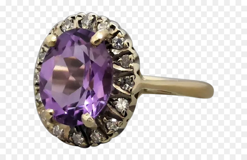 Vintage 9k Gold Natural Amethyst Diamond Ring - Amethyst, HD Png Download - halo ring png
