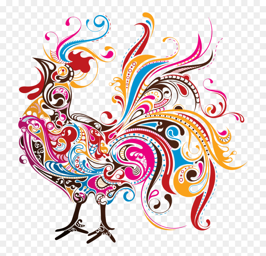 Graphic Design,line,art - Colorful Rooster Art, HD Png Download - chicken silhouette png
