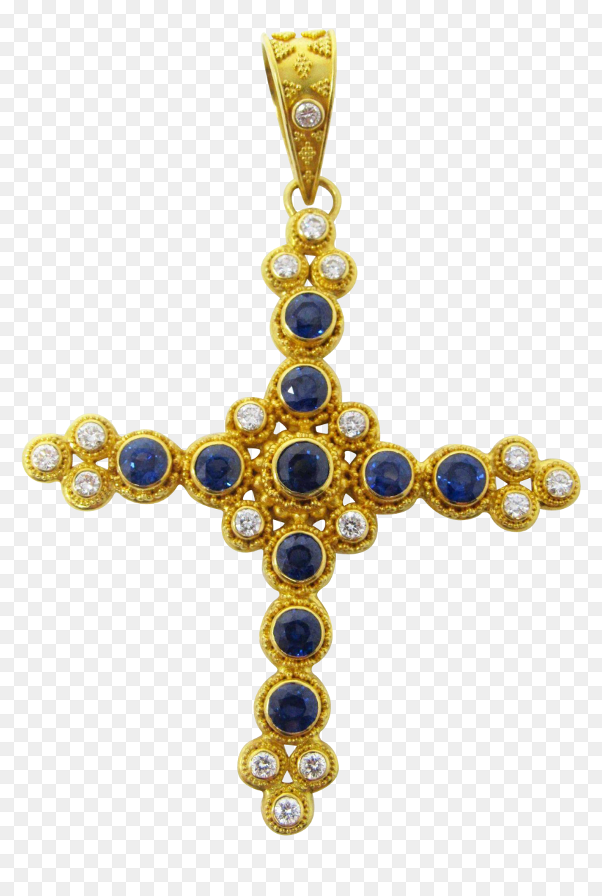 Large 22k Yellow Gold Sapphire And Diamond Cross Pendant - Pendant, HD Png Download - cross necklace png