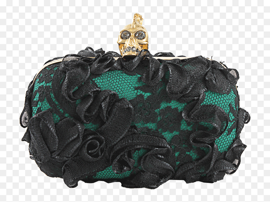 Alexander Mcqueen Green/black Lace And Ribbon Skull - Handbag, HD Png Download - black lace ribbon png