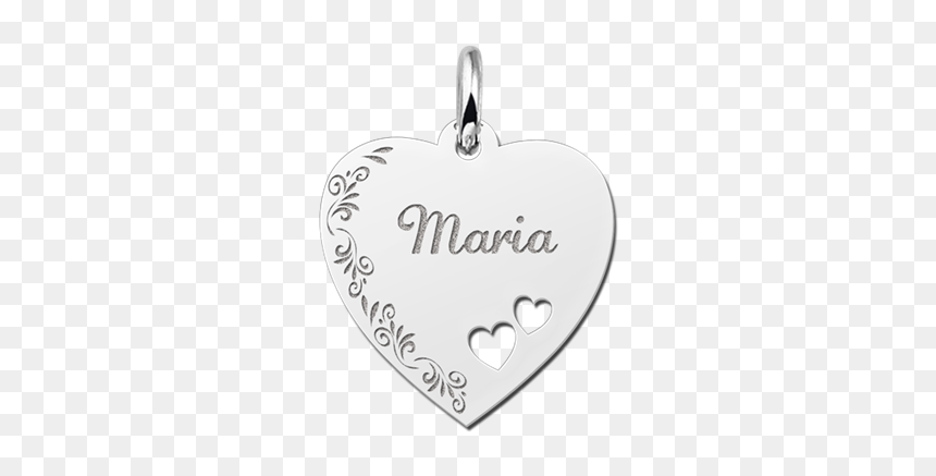 Silver Engraved Heart Nametag Flower Design Hearts - Locket, HD Png Download - silver heart png