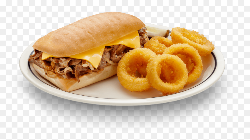 Com/menus/main Menu/sandwiches/ Cheese Steak Stacker - Philly Cheese Steak Sandwich And Onion Rings, HD Png Download - philly cheese steak png