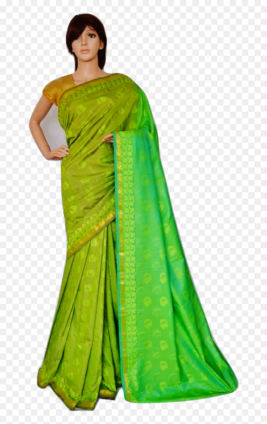 Green & Gold Colour Kanchipuram Silk Saree, HD Png Download - silk saree png