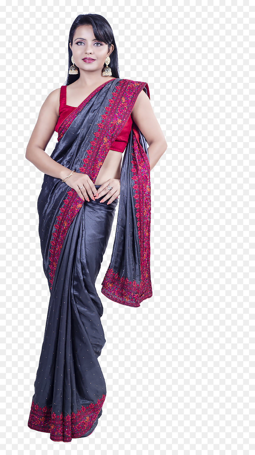 Pankhudii Dark Grey Embroidered Saree With Unstitched - Silk, HD Png Download - silk saree png