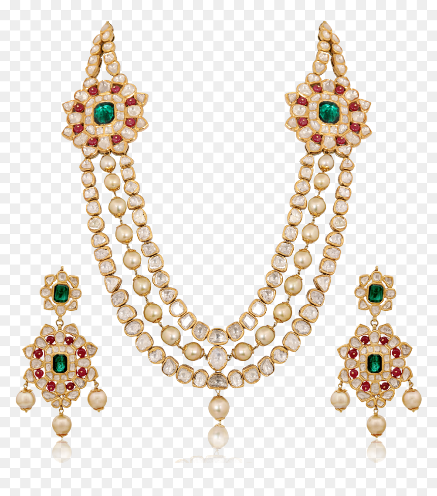 Ethnic Three-strings Kundan Necklace Set - Kundan Jewellery Png, Transparent Png - gold jewellery images png