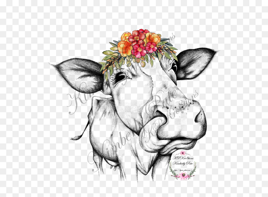Heifer With Colorful Flowers Crown ~ Waterslide - Cow With Red Bandana, HD Png Download - black flower crown png