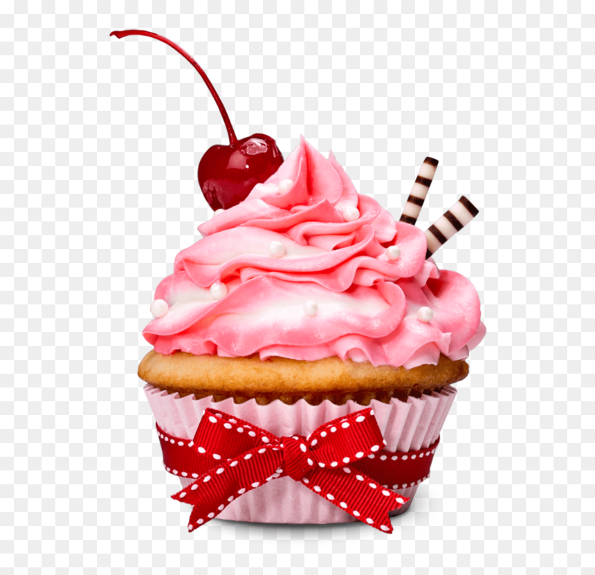 Cup Cake With Cherry And Bow, HD Png Download - pink cupcake png