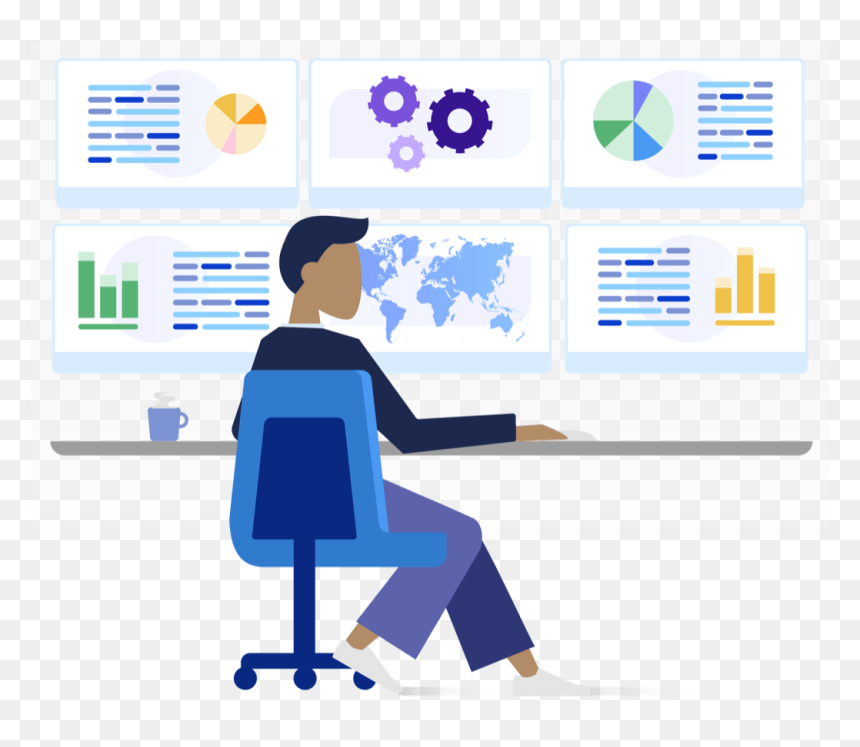Person Sitting At Desk With 6 Monitors Viewing Data - World Map, HD Png Download - malwarebytes logo png