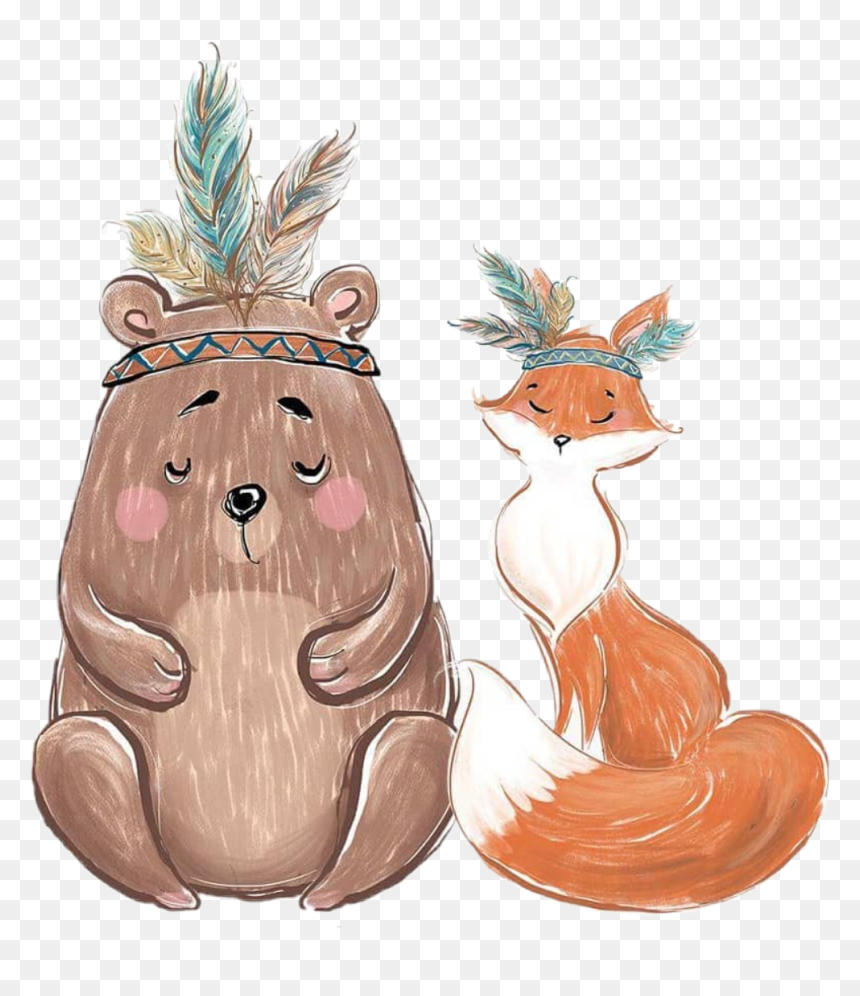 #watercolor #bear #fox #indian #boho #feathers #boy - Illustration, HD Png Download - indian feathers png