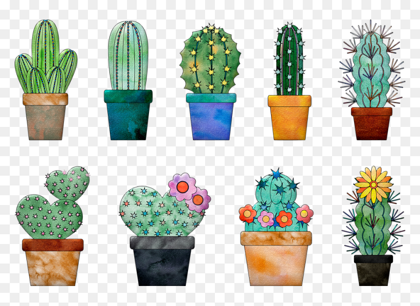 Watercolor Cactus In Pots, HD Png Download - watercolor cactus png