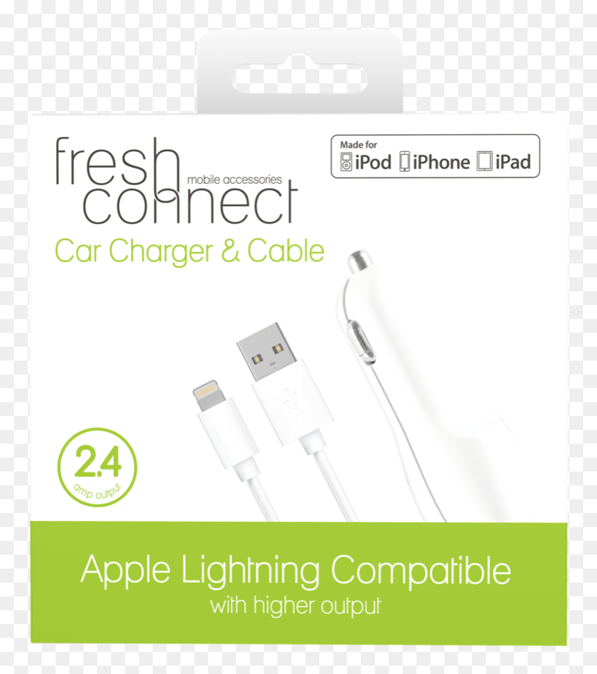 Fresh & Connect Lighting Cable With Car Charger - Usb Cable, HD Png Download - iphone charger png