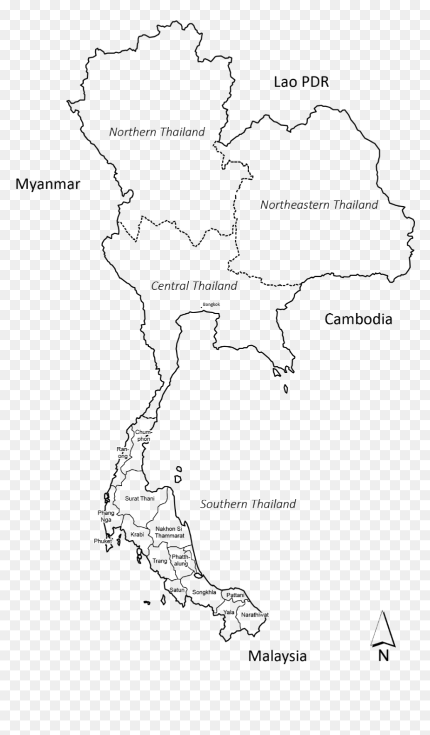 The Four Regions Of Thailand, The Southern Provinces - Map, HD Png Download - thailand map png
